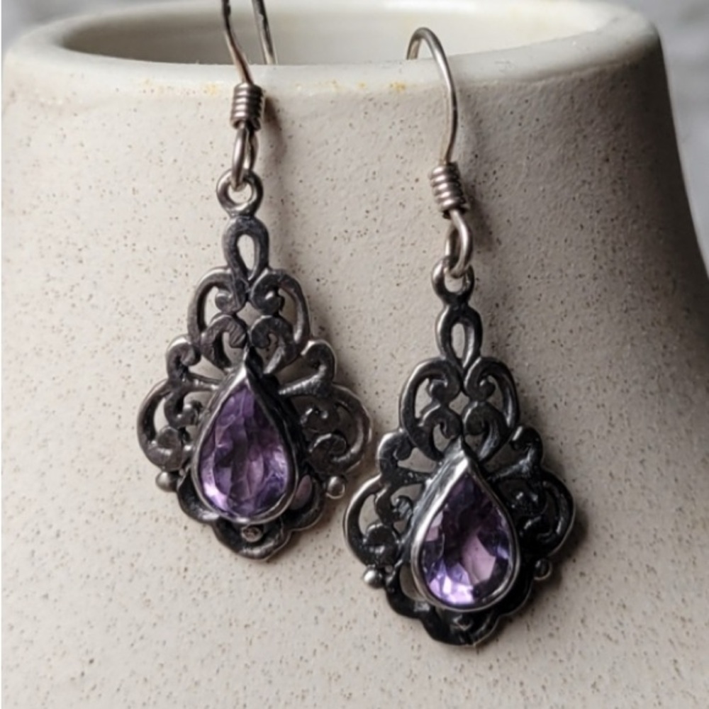 Vintage Sterling Silver Amethyst Teardrop Earrings